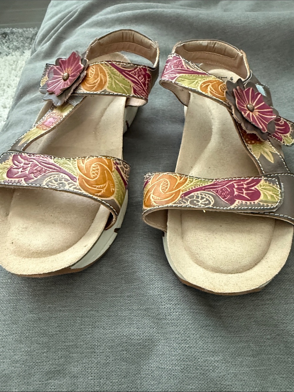 Spring Step Multicolor Floral Leather Sandals - Pink, Orange, Green, Yellow, Tan